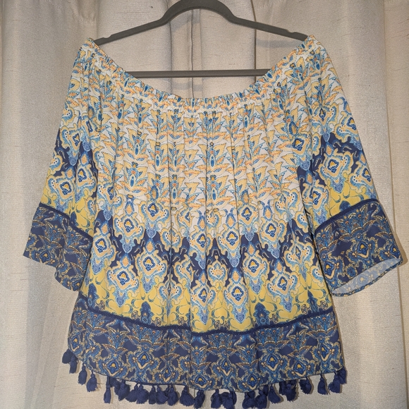Daniel Cremieux Tops - Daniel Cremieux Off-Shoulder Blouse - Blue and Yellow